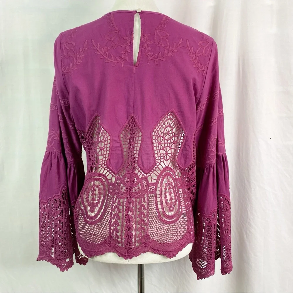 Anthropologie Chloe Oliver Purple Bell-Sleeve Lace Pullover Top Med